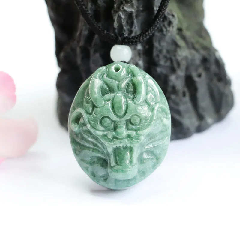 Dragon Head Oval Jade Pendant crafted in Sterling Silver - Fortune's Favor Collection