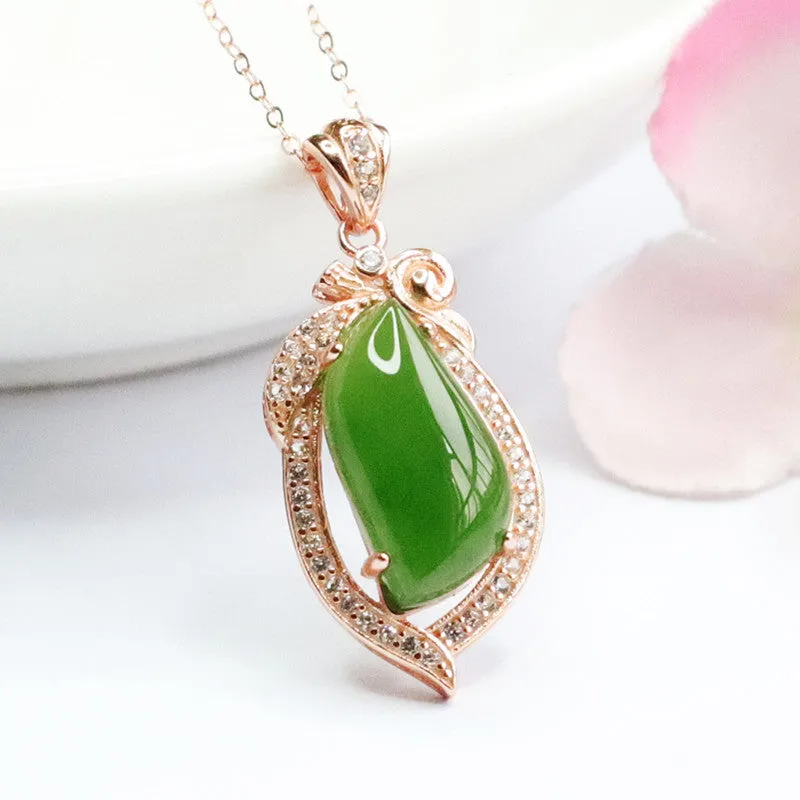 Droplet Spinach Green and Zircon Sterling Silver Necklace with Natural Hetian Jade