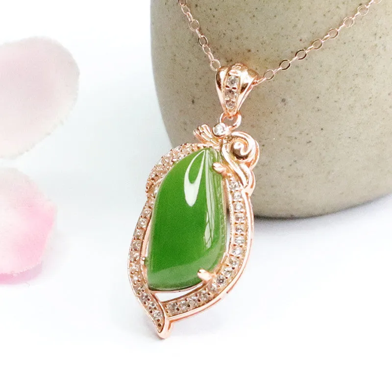 Droplet Spinach Green and Zircon Sterling Silver Necklace with Natural Hetian Jade