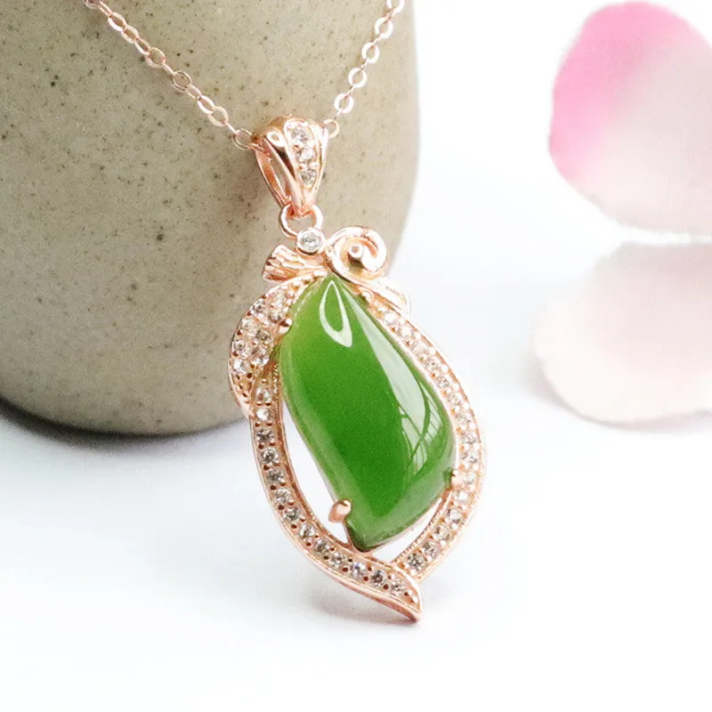 Droplet Spinach Green and Zircon Sterling Silver Necklace with Natural Hetian Jade