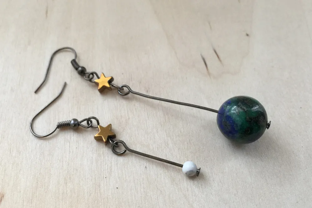 Earth & Moon Earrings | Gemstone Space Planet Earrings | Unique Science Charm Earrings