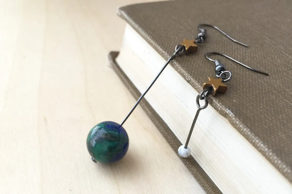 Earth & Moon Earrings | Gemstone Space Planet Earrings | Unique Science Charm Earrings