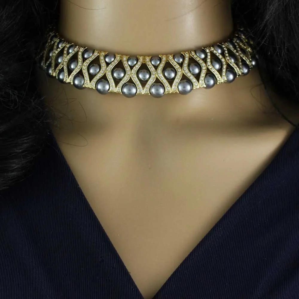 Elegant Gray Pearls with Clear Crystals Bib Choker - PNS802G