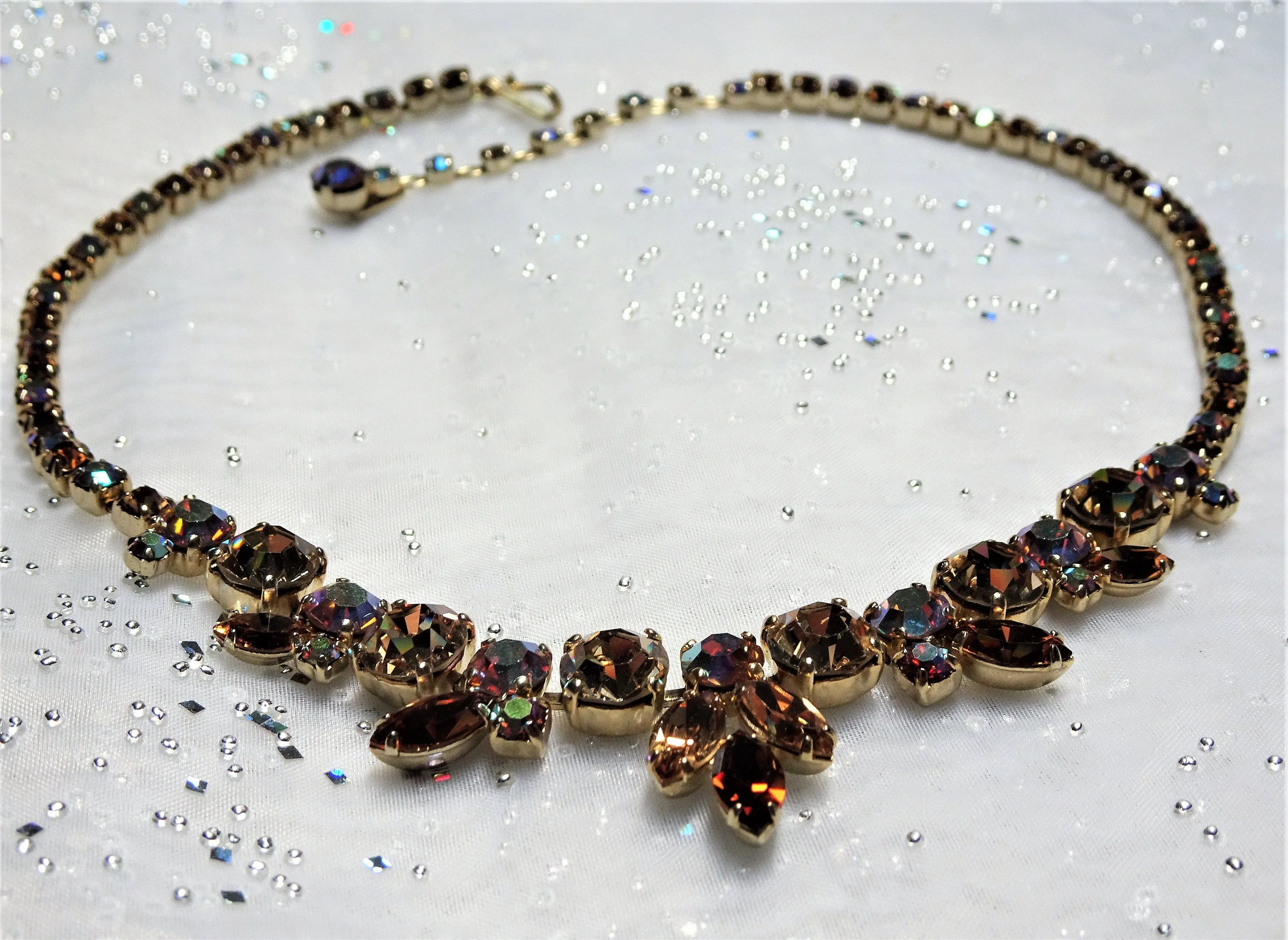 ELEGANT SHERMAN Signed Topaz n Aurora Borealis Rhinestones Necklace,Swarovski Crystal,1950s Necklace,Vintage Mid Century Collectible Jewelry