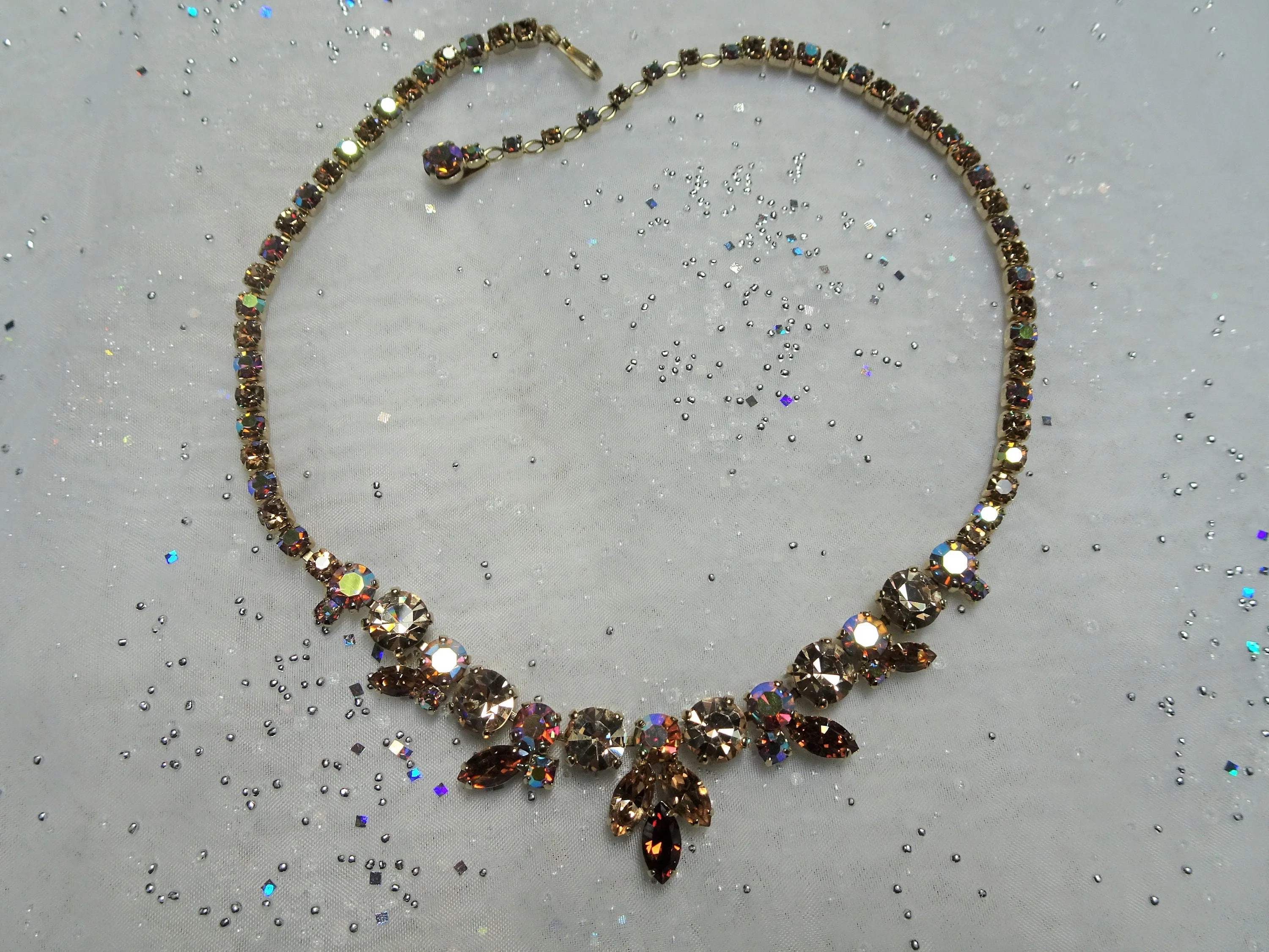 ELEGANT SHERMAN Signed Topaz n Aurora Borealis Rhinestones Necklace,Swarovski Crystal,1950s Necklace,Vintage Mid Century Collectible Jewelry