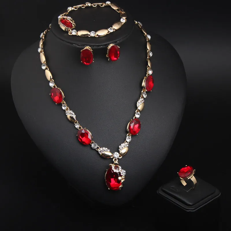 European and American fashion gemstone jewelry necklace set bridal female alloy jewelry four-piece set