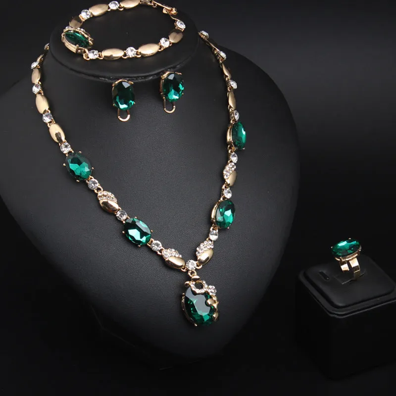 European and American fashion gemstone jewelry necklace set bridal female alloy jewelry four-piece set