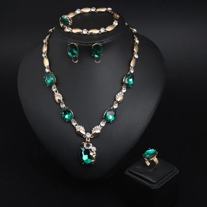 European and American fashion gemstone jewelry necklace set bridal female alloy jewelry four-piece set