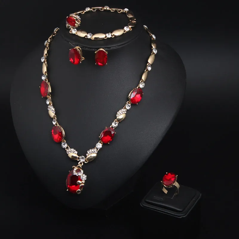 European and American fashion gemstone jewelry necklace set bridal female alloy jewelry four-piece set