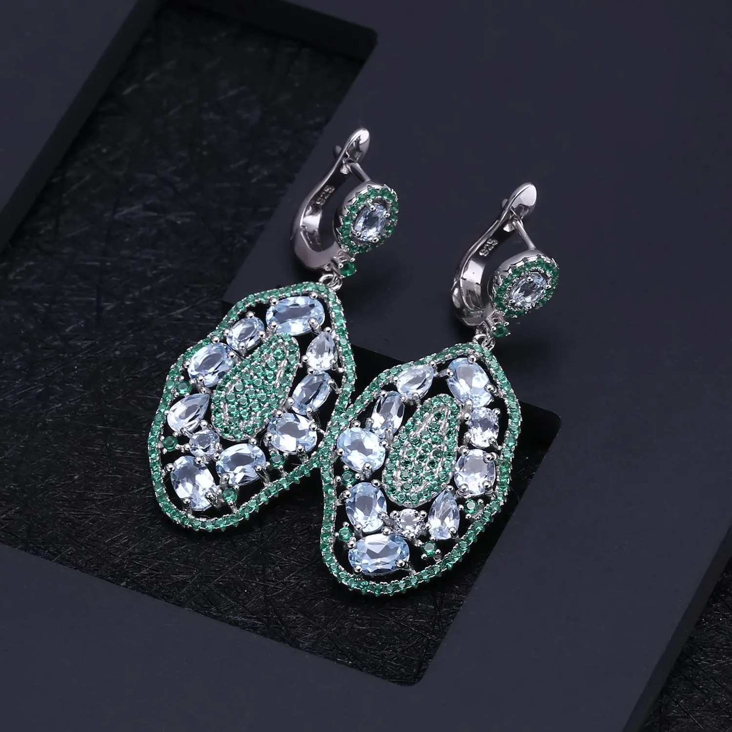 European Luxury Style Inlaid Natural Topaz Irregular Oval Shape Silver Drop Earrings for Women