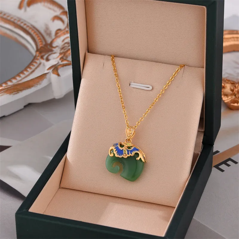 Exquisite Jade Elephant Pendant Necklace with Enamel Detailing – Unique Symbolic Jewelry jltn0510