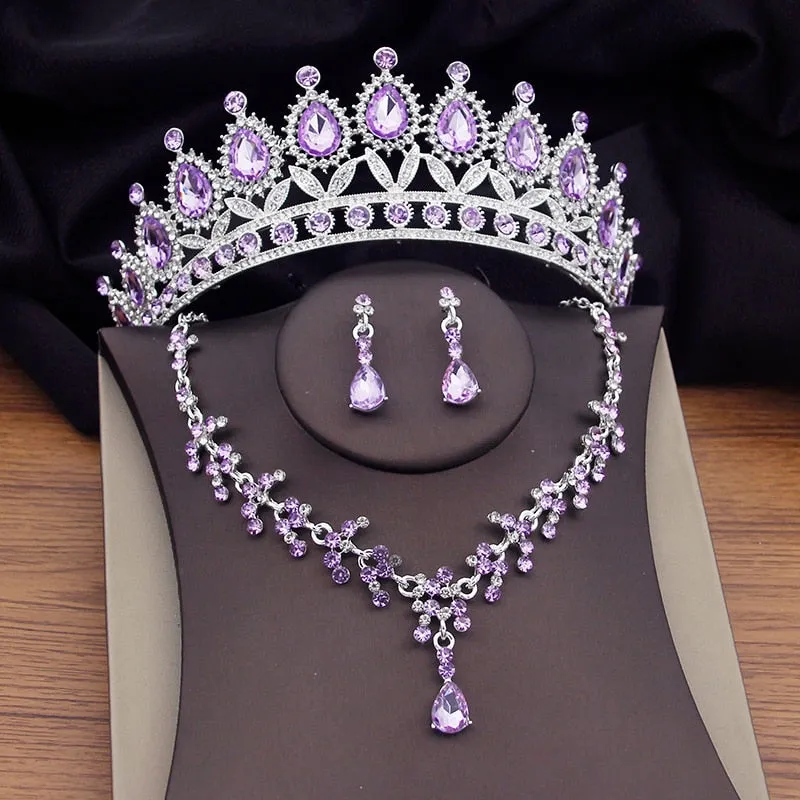 Fashion Purple Crystal Bridal Jewelry Sets Tiaras Earrings Necklace Prom Wedding Crown Jewelry Set