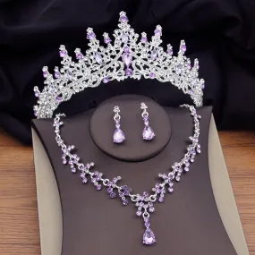 Fashion Purple Crystal Bridal Jewelry Sets Tiaras Earrings Necklace Prom Wedding Crown Jewelry Set