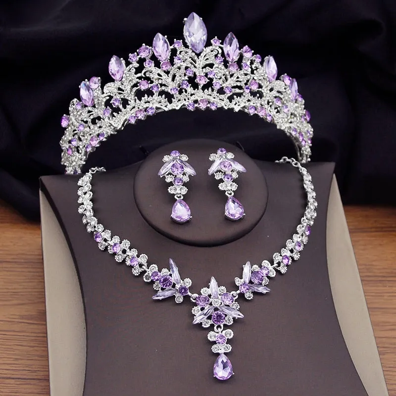 Fashion Purple Crystal Bridal Jewelry Sets Tiaras Earrings Necklace Prom Wedding Crown Jewelry Set