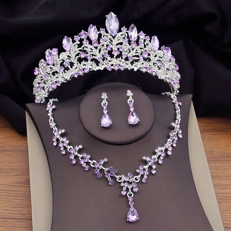 Fashion Purple Crystal Bridal Jewelry Sets Tiaras Earrings Necklace Prom Wedding Crown Jewelry Set