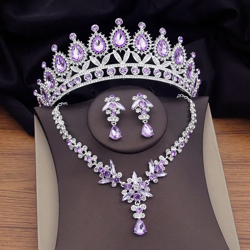 Fashion Purple Crystal Bridal Jewelry Sets Tiaras Earrings Necklace Prom Wedding Crown Jewelry Set