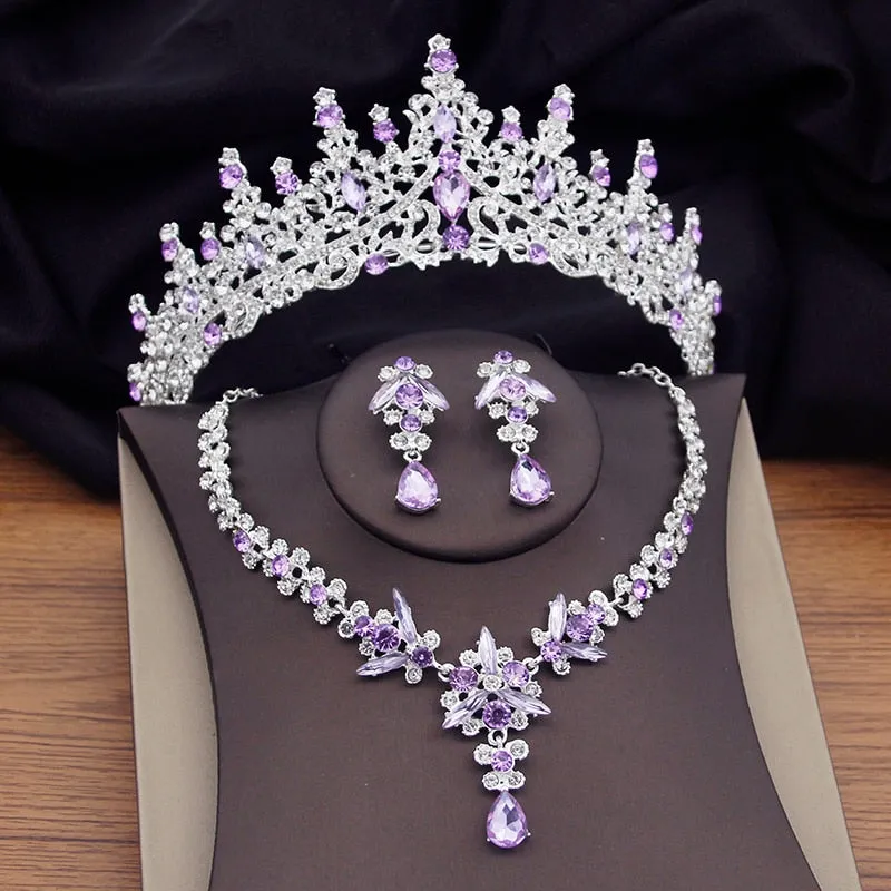 Fashion Purple Crystal Bridal Jewelry Sets Tiaras Earrings Necklace Prom Wedding Crown Jewelry Set