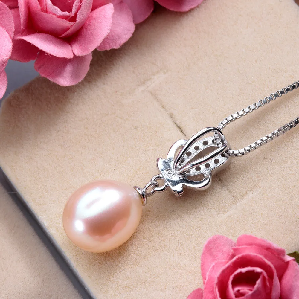 Fashion sterling-silver-jewelry Top Quality Genuine Freshwater Pearl Jewelry Necklace pendant for women 45cm chain