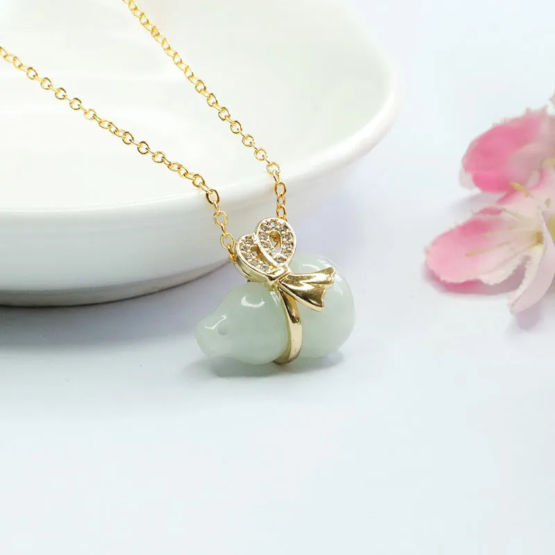 Fortune's Favor Sterling Silver Necklace with Natural Burmese A Jade Gourd and Zircon Bow Pendant