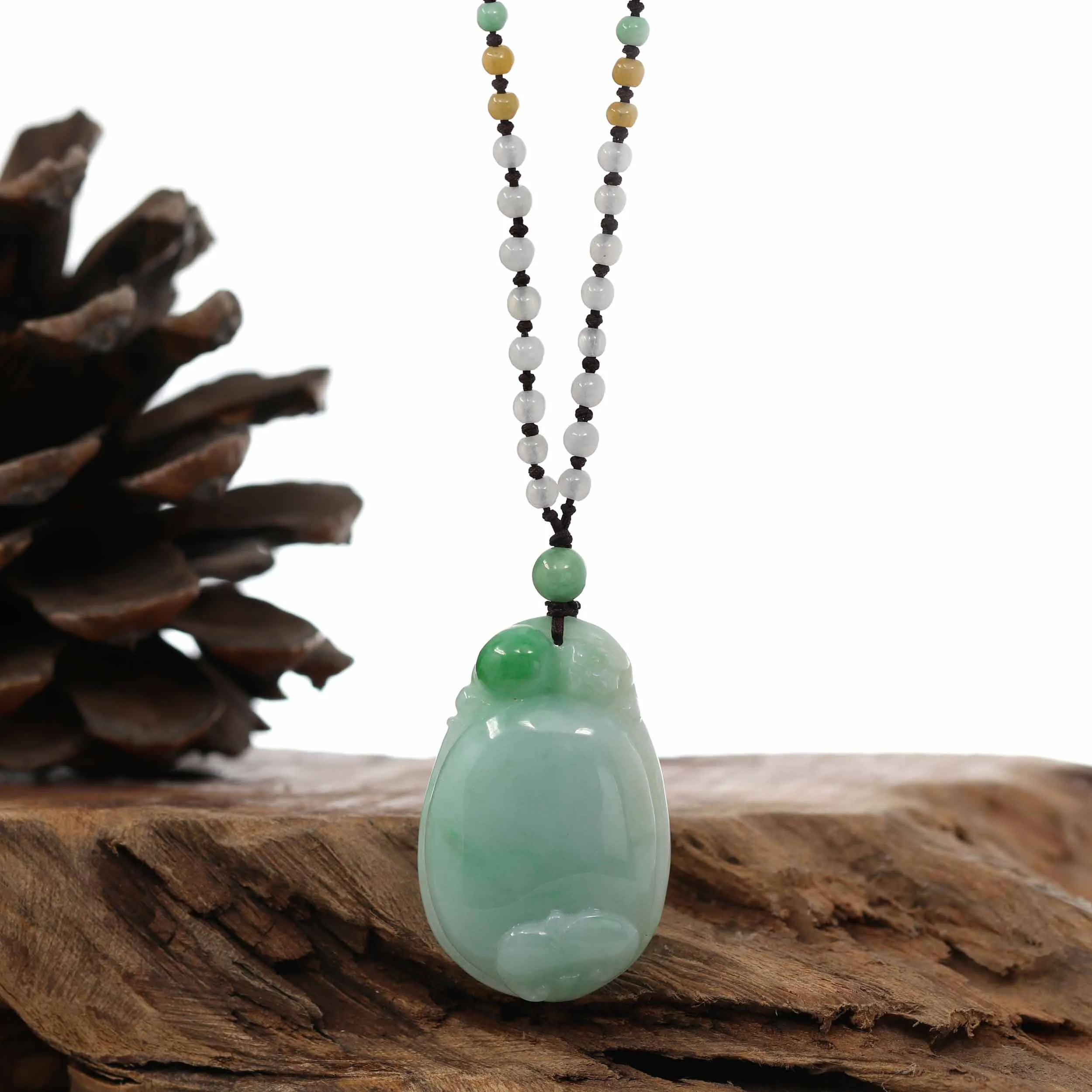 Genuine Green Jadeite Jade Good Luck Ruyi Pendant Necklace With Real Jadeite Bead Necklace