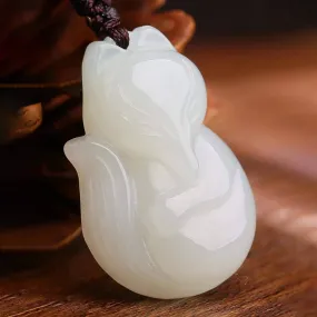 Genuine Nephrite White Jade Cute Fox Pendant Necklace