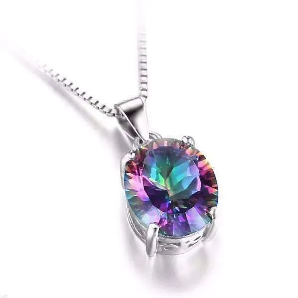 Genuine Rainbow Fire Mystic Topaz Oval Cut 4CT IOBI Precious Gems Pendant 925 Sterling Silver Necklace