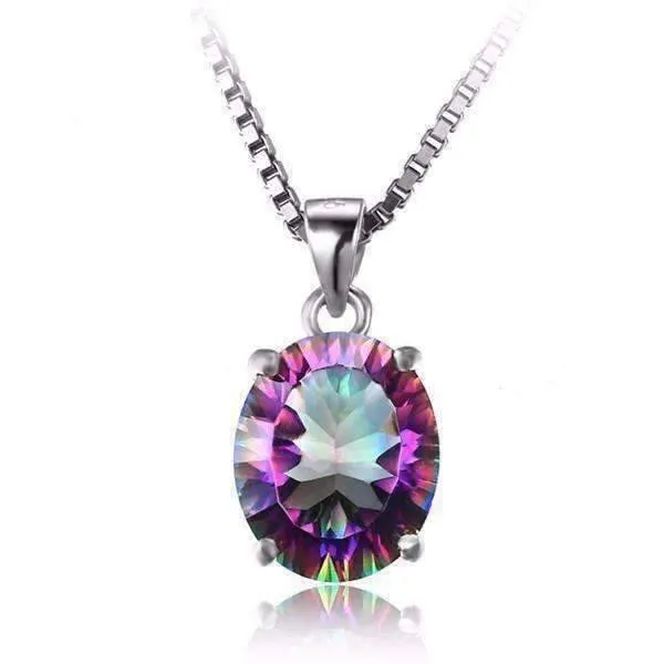 Genuine Rainbow Fire Mystic Topaz Oval Cut 4CT IOBI Precious Gems Pendant 925 Sterling Silver Necklace