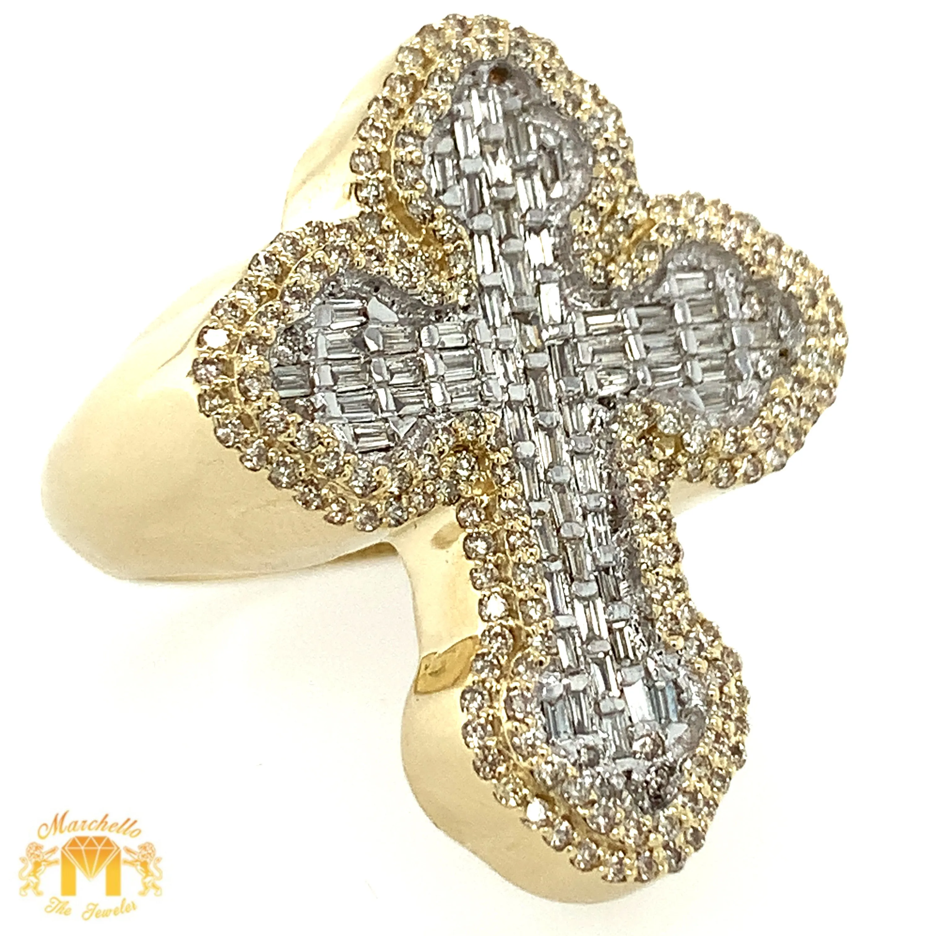 Gold 3D Cross Ring with stunning VS/SI clarity baguettes and round diamonds(pick gold color)