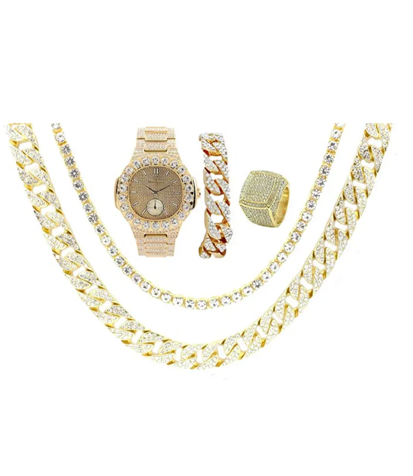 Gold Color Watch Cuban Link Simulated Diamond Bracelet Watch Set Tennis Chain Earrings Hip Hop Ring Bundle