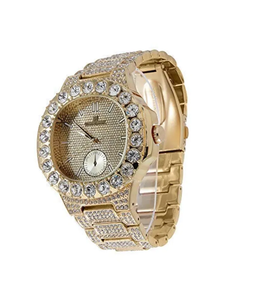 Gold Color Watch Cuban Link Simulated Diamond Bracelet Watch Set Tennis Chain Earrings Hip Hop Ring Bundle