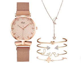 Gold Self Design Wrist Watch with Bracelet & Necklace