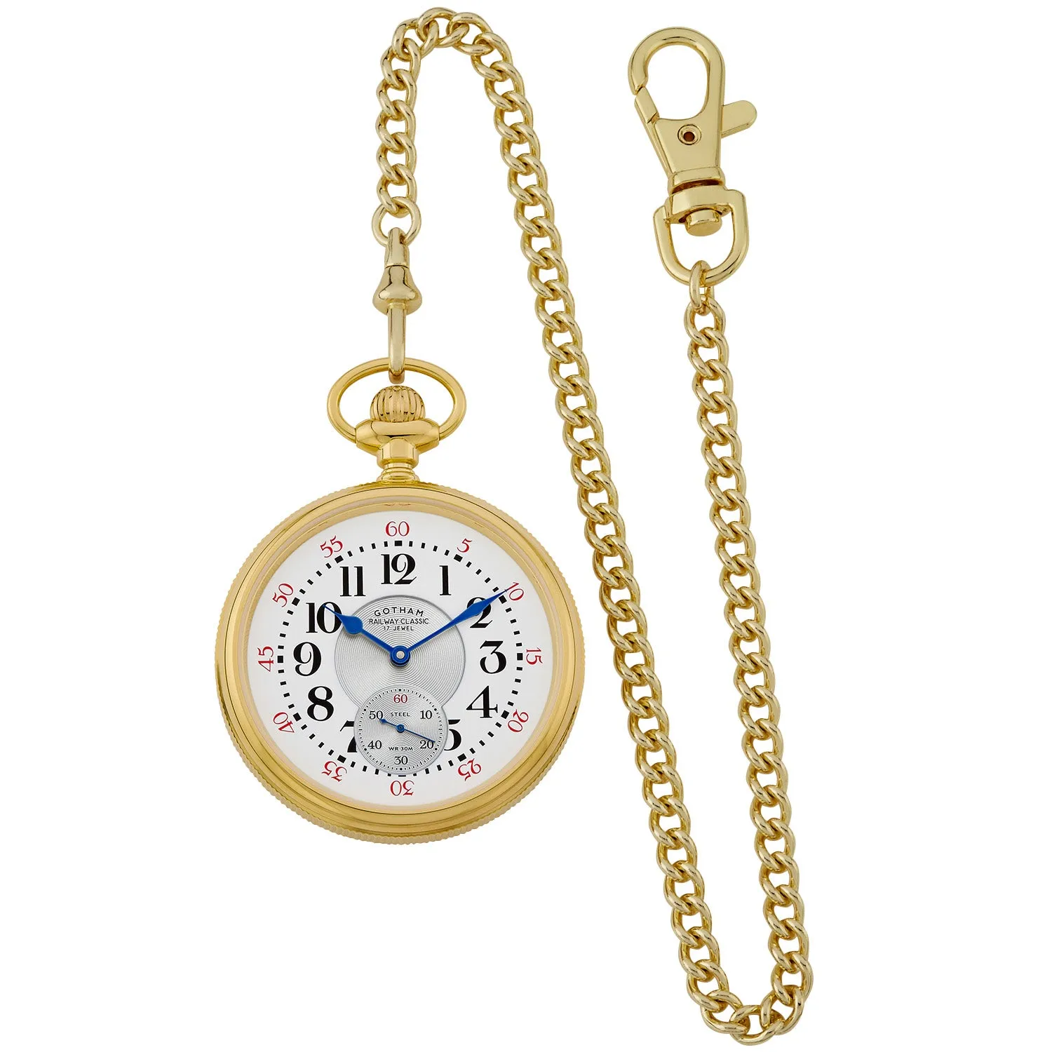 Gotham Men's Gold Plated Stainless Steel Mechanical Hand Wind Railway Classic Nostalgia Series Pocket Watch # GWC14117G