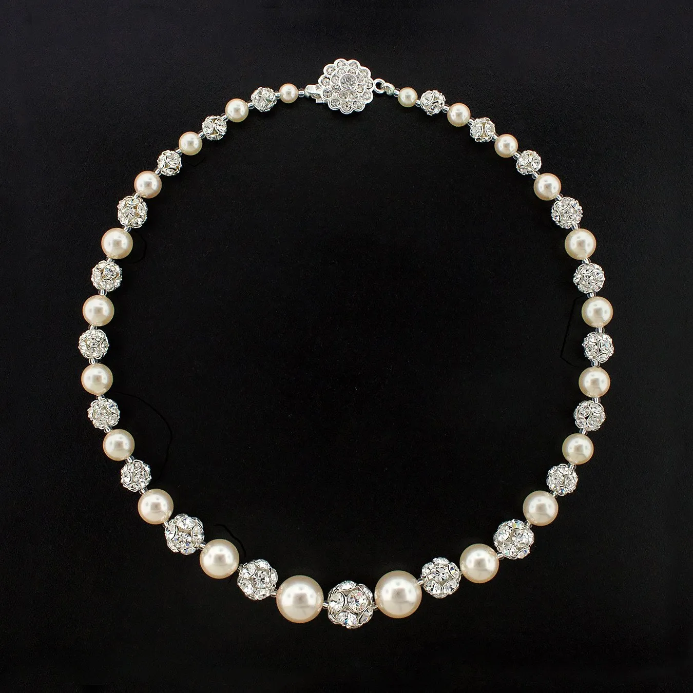 Graduated Pearl Necklace with Rhinestone Beads