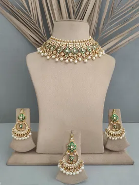 Green Color Gold Plated Jadau Kundan Bridal Necklace Set - MS1350B