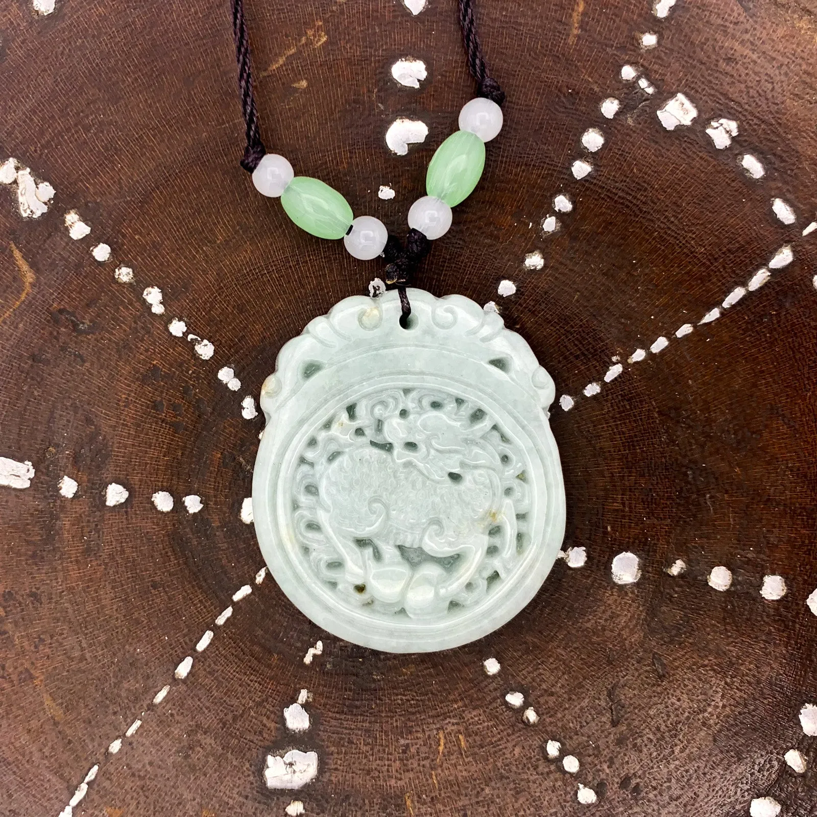 Green Natural A Jade Jadeite Carved Kylin Ruyi Pendant Necklace