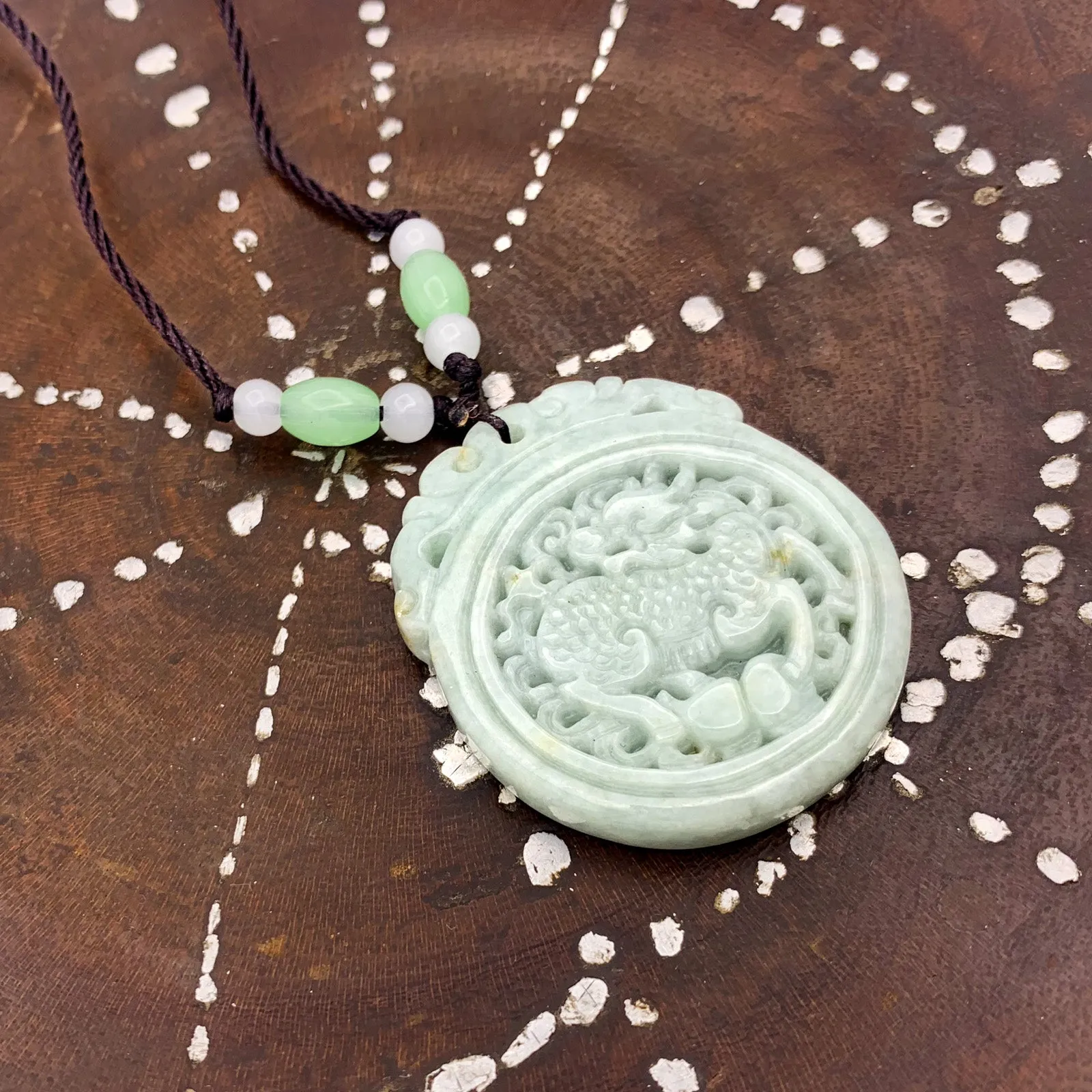 Green Natural A Jade Jadeite Carved Kylin Ruyi Pendant Necklace