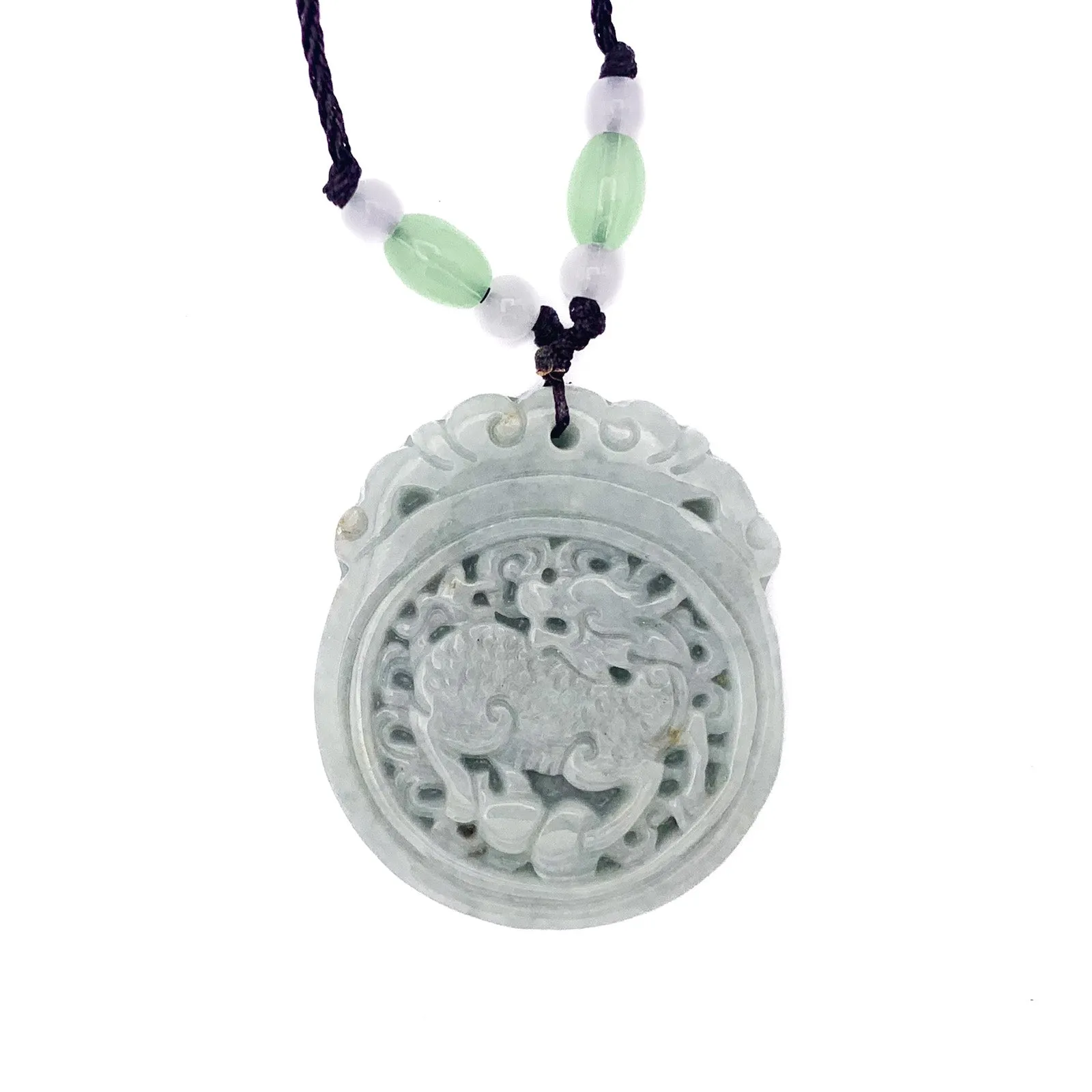 Green Natural A Jade Jadeite Carved Kylin Ruyi Pendant Necklace