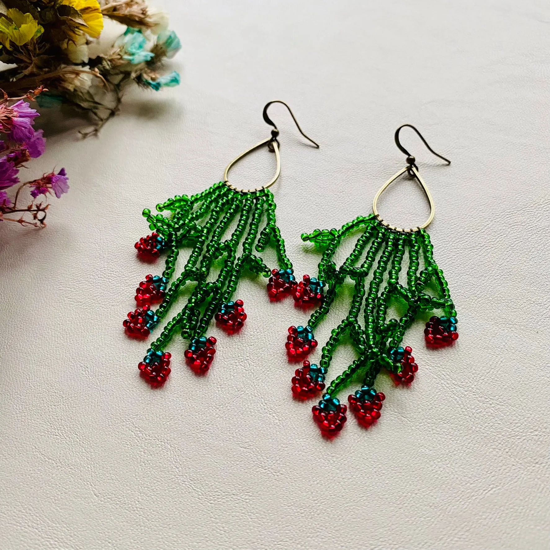 Green Red Seed Bead Berry Earrings, Berries Earrings, Cherry earrings, Strawberry earrings, Emerald Fringe Chandelier Earring, Bohemian Boho earrings, Hippie Earrings, Cool Fun earrings, Funky Earrings, Fruit Earring