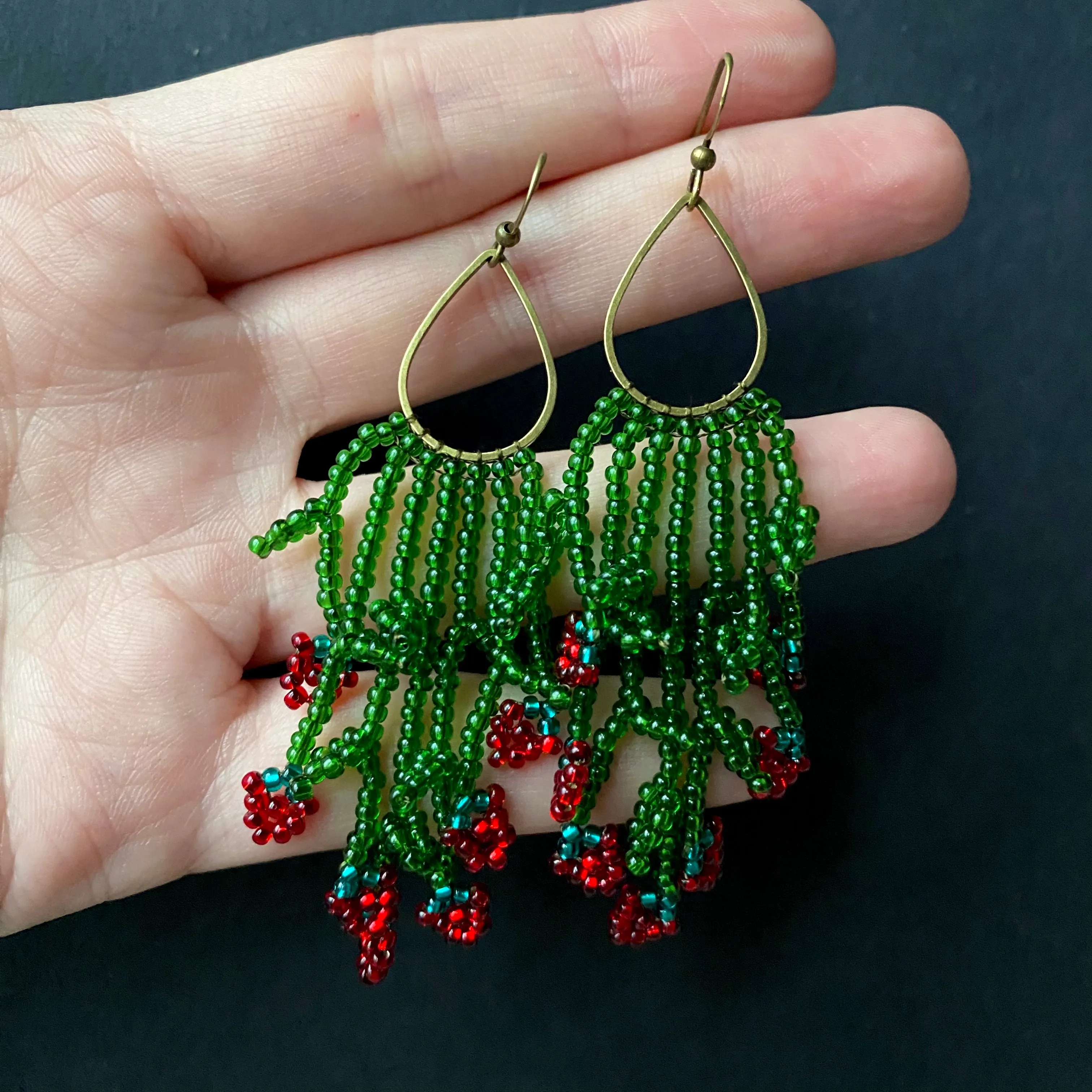 Green Red Seed Bead Berry Earrings, Berries Earrings, Cherry earrings, Strawberry earrings, Emerald Fringe Chandelier Earring, Bohemian Boho earrings, Hippie Earrings, Cool Fun earrings, Funky Earrings, Fruit Earring