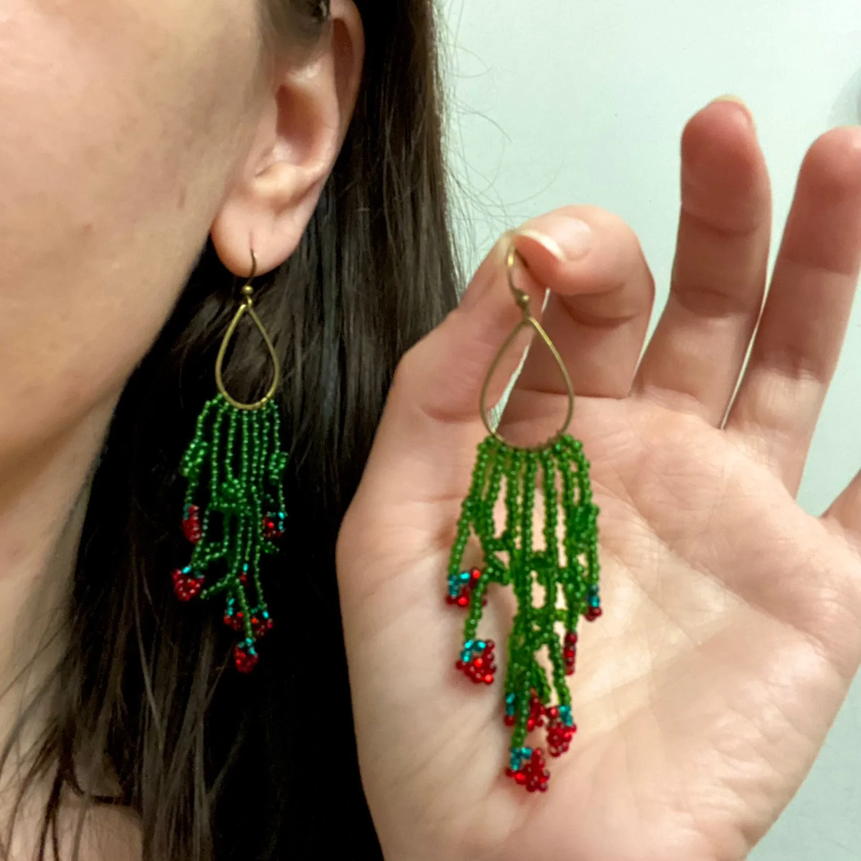 Green Red Seed Bead Berry Earrings, Berries Earrings, Cherry earrings, Strawberry earrings, Emerald Fringe Chandelier Earring, Bohemian Boho earrings, Hippie Earrings, Cool Fun earrings, Funky Earrings, Fruit Earring