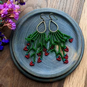 Green Red Seed Bead Berry Earrings, Berries Earrings, Cherry earrings, Strawberry earrings, Emerald Fringe Chandelier Earring, Bohemian Boho earrings, Hippie Earrings, Cool Fun earrings, Funky Earrings, Fruit Earring