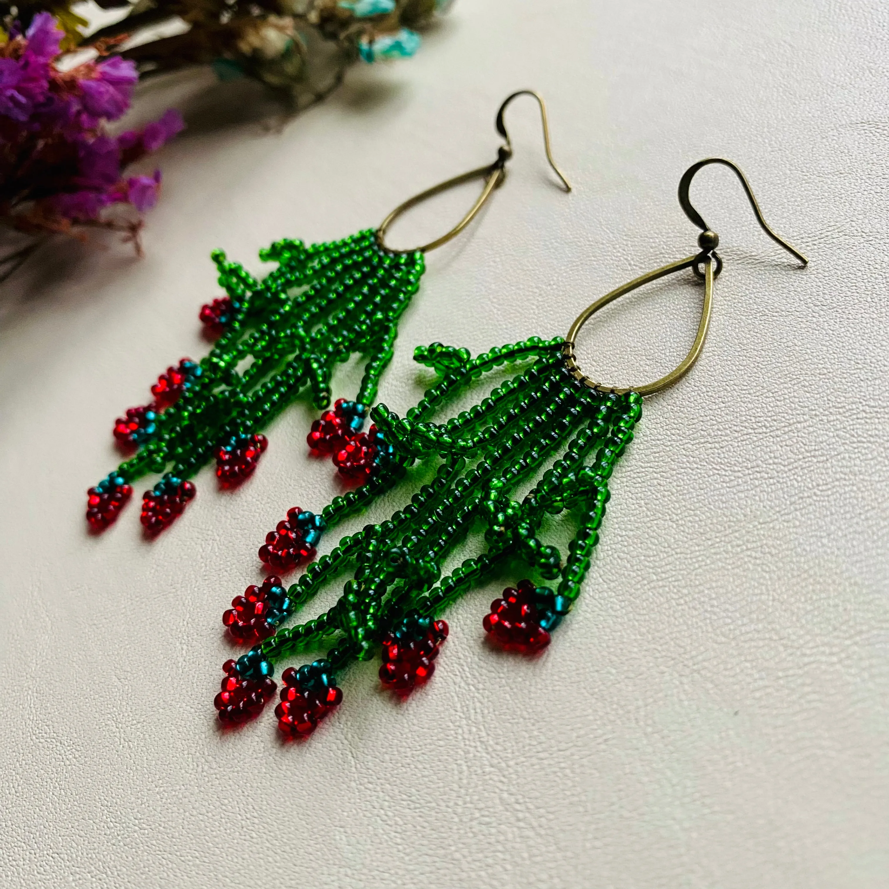 Green Red Seed Bead Berry Earrings, Berries Earrings, Cherry earrings, Strawberry earrings, Emerald Fringe Chandelier Earring, Bohemian Boho earrings, Hippie Earrings, Cool Fun earrings, Funky Earrings, Fruit Earring