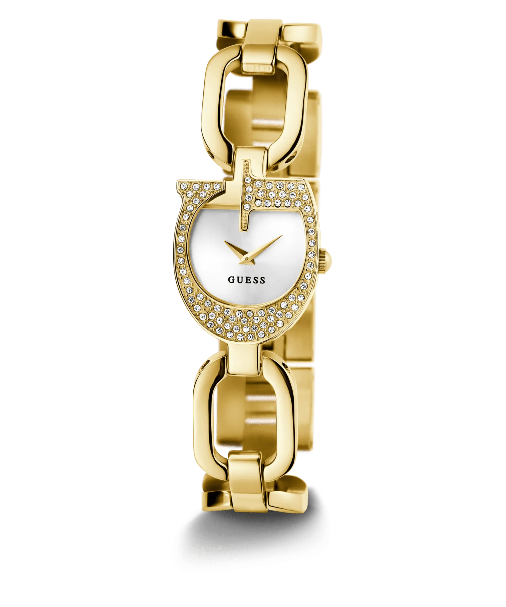 Guess Gia Polished Gold Tone Logo Case With Crystals Sunray Silver Dial And Polished Gold Tone Bracelet With Adjustable G Links GW0683L2