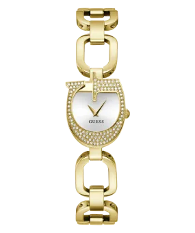 Guess Gia Polished Gold Tone Logo Case With Crystals Sunray Silver Dial And Polished Gold Tone Bracelet With Adjustable G Links GW0683L2