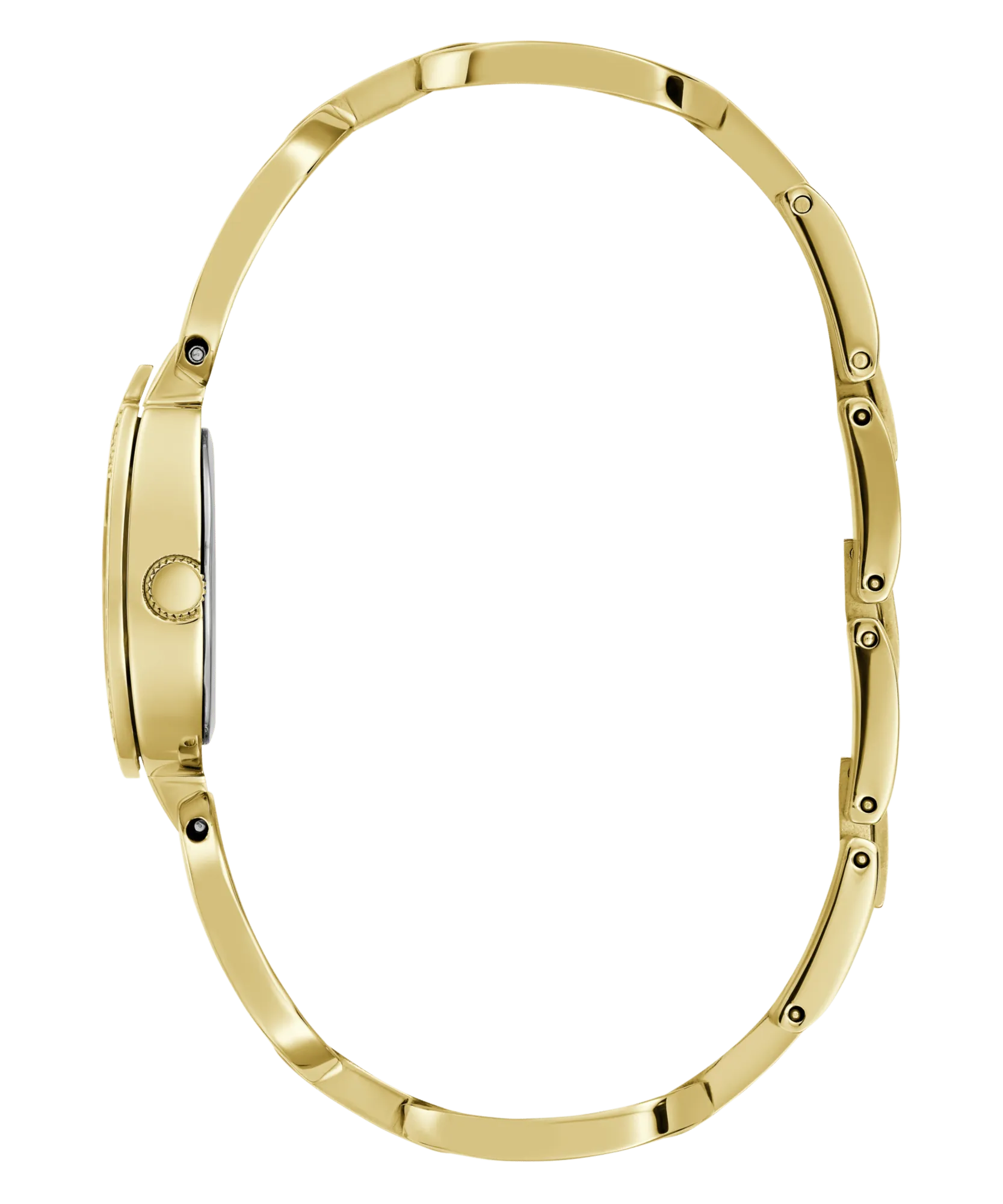 Guess Gia Polished Gold Tone Logo Case With Crystals Sunray Silver Dial And Polished Gold Tone Bracelet With Adjustable G Links GW0683L2