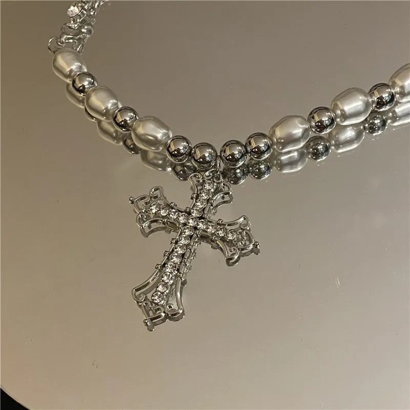 H3LL NO retro pearl necklace punk simple European and American sweet Cross Pendant clavicle chain