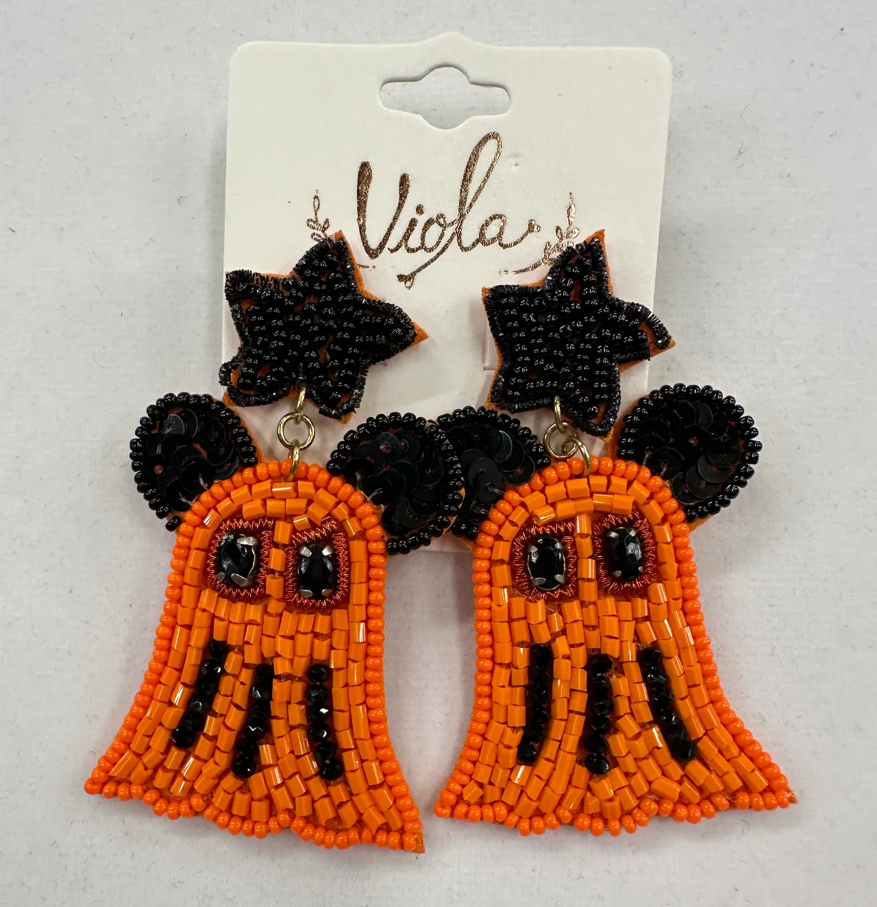 Halloween Orange and Black Ghosts under Stars Beaded Earrings