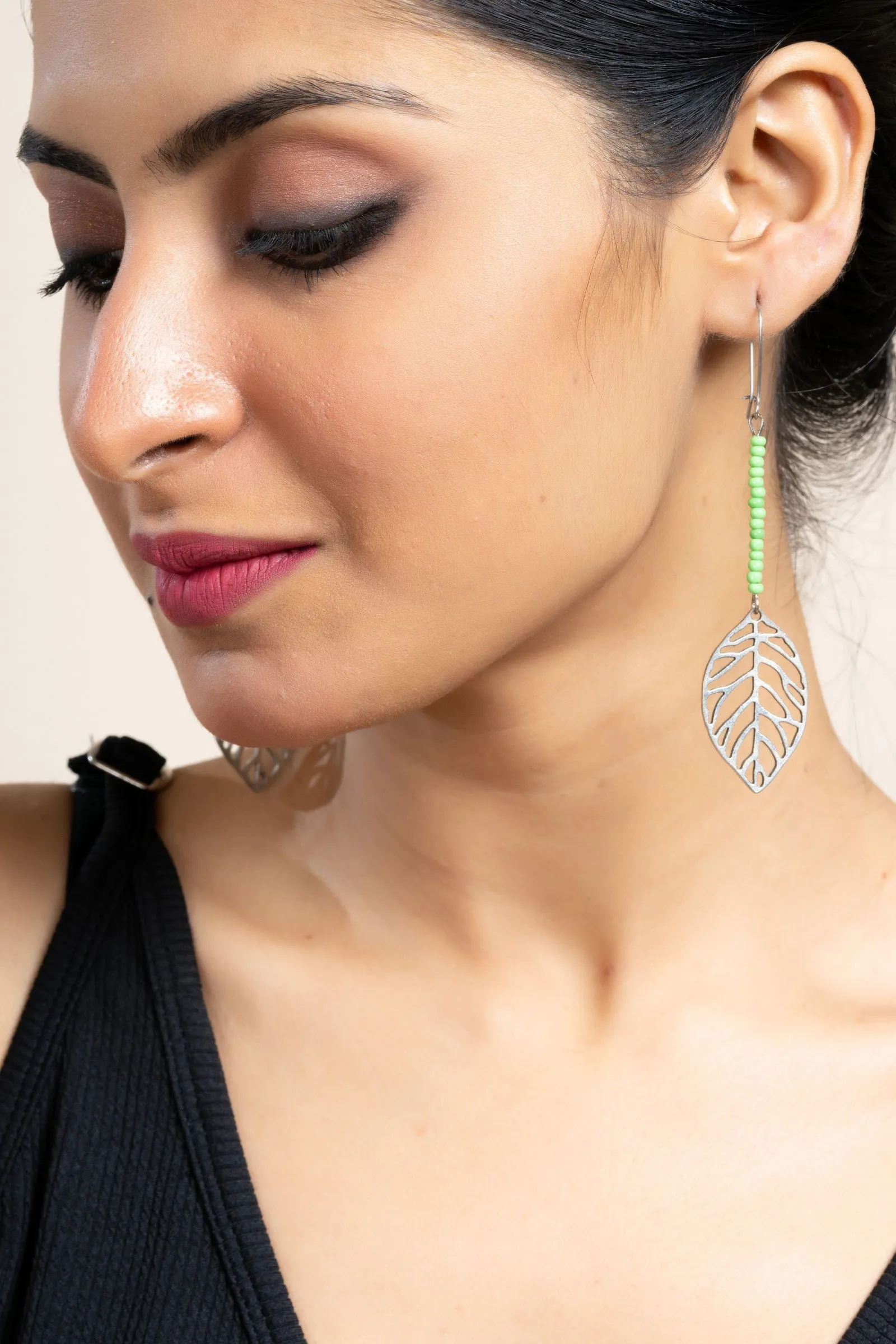 Handcrafted German Silver Leaf Earrings with Green Seed Beads - Nature-Inspired Jewelry