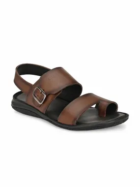 Hitz Men's Brown Leather Toe Ring Sandals with Buckle Closure