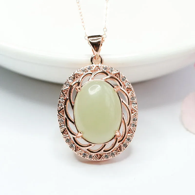 Hollow Flower Zircon Sterling Silver Necklace with Natural Hetian Jade